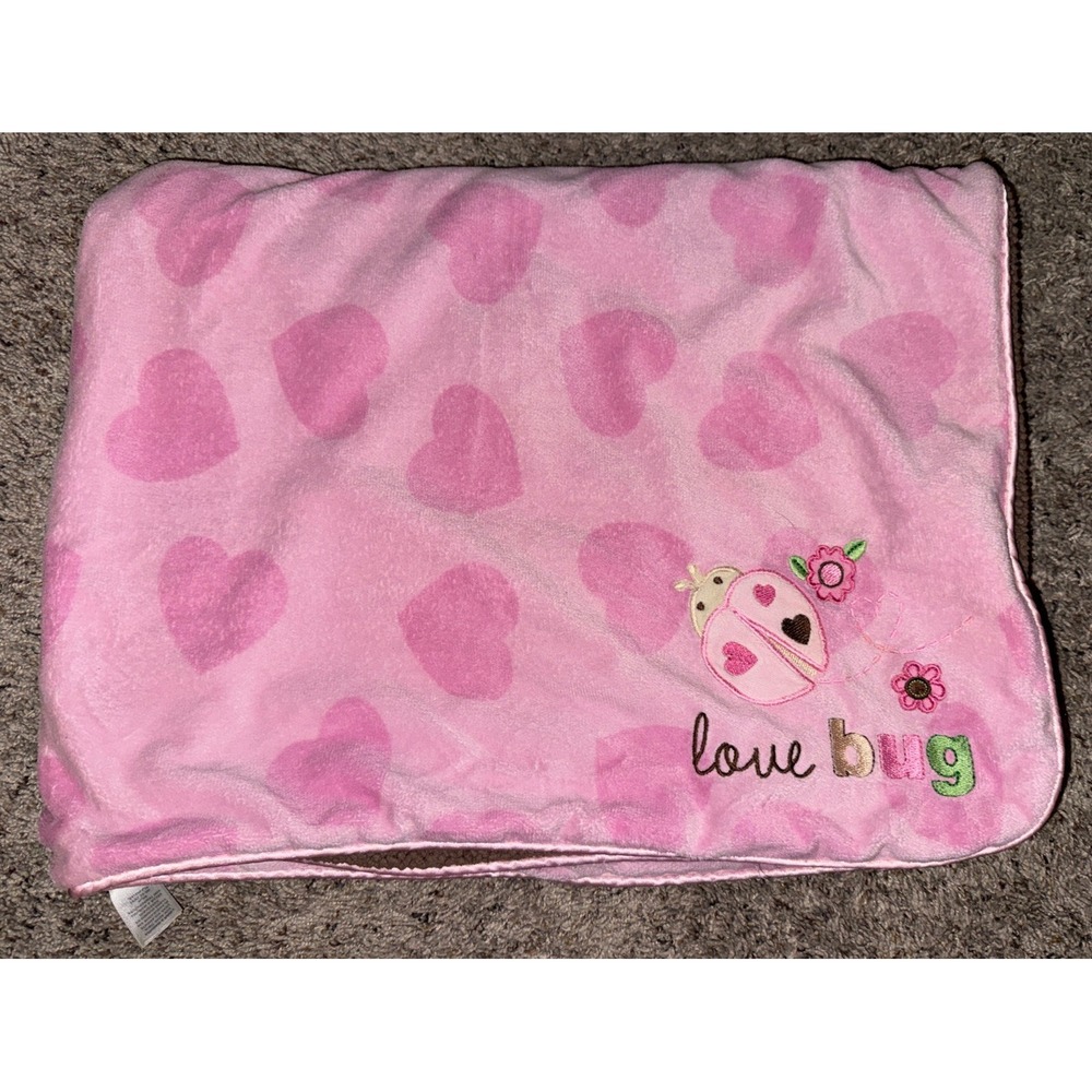 Carters Just One Year Love Bug‎ Baby Blanket Ladybug Pink Hearts/ Brown Sherpa